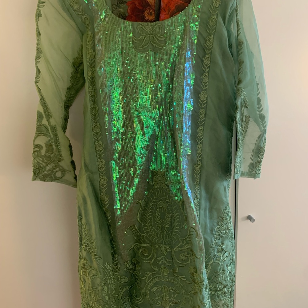 Green and flora sequenced party Salwar Kameez